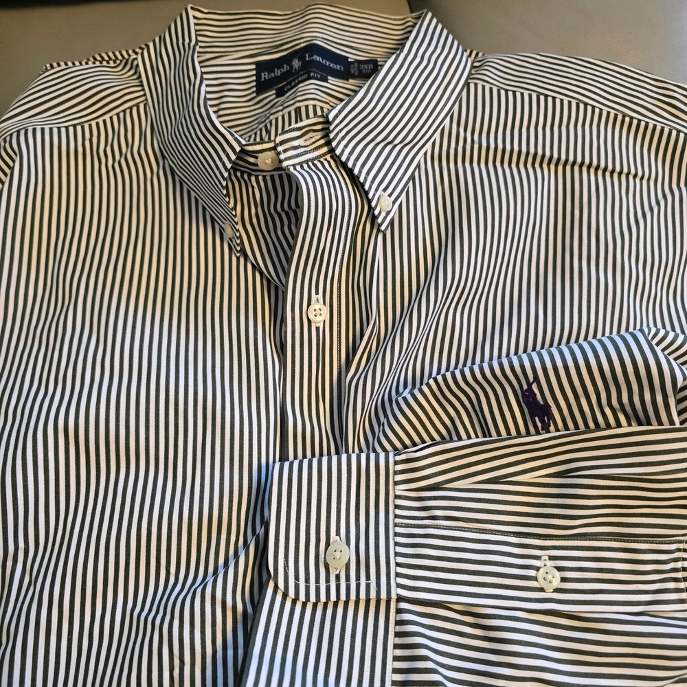 Ralph Lauren Mens 3XB Big Classic Fit Green White Striped Button Down Shirt Pony